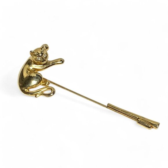 Vintage Gold-Tone Cat Themed Hat Pin With Clear Crystal Rhinestone Eyes 2" - Picture 2 of 6